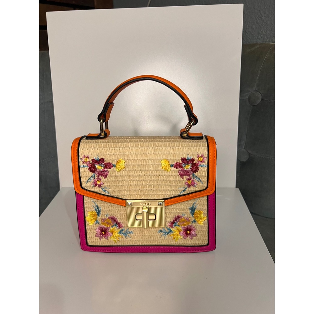 Aldo Floral Embroidered Straw Satchel Bag Colorblock Pink Orange Top Handle